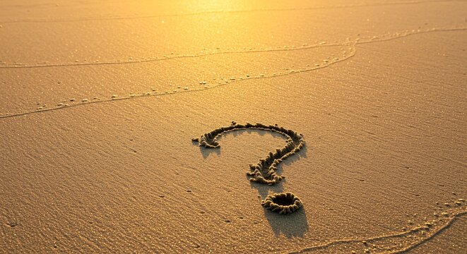 Question mark drawn in sand on beach at sunset or sunrise - Powered by Adobe
