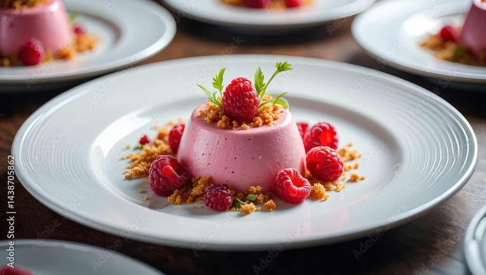 Poster a dessert plate with raspberry cream topped with crushed nuts and fresh berries.