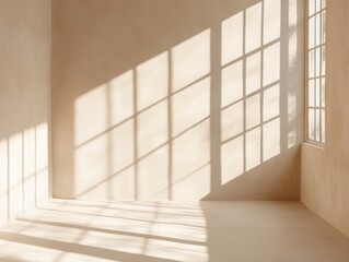 Sunlight casts shadows on a beige room
