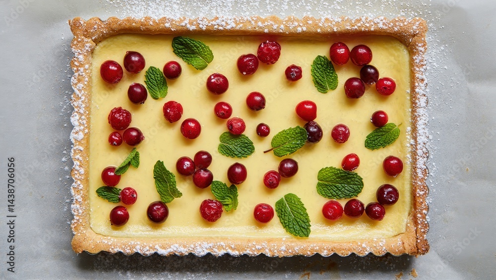 Poster a rectangular tart with a yellow filling topped with cranberries and mint leaves.