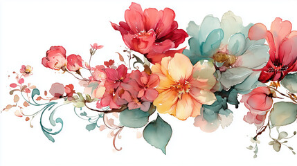 floral top border with watercolor blooms and scroll curves, no background, isolated frame