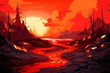 Lava Landscape Illustration Wallpaper, Molten Lava Flow Landscape, Volcanic Lava Scenery, Blazing Lava Landscape, Volcanic Lava Flow, Red Hot Lava Landscape, Lava Eruption Scene