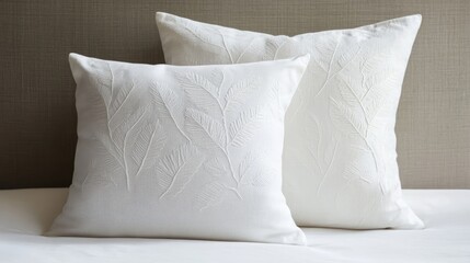 A decorative cushion in crisp white fabric with a subtle embroidered leaf motif