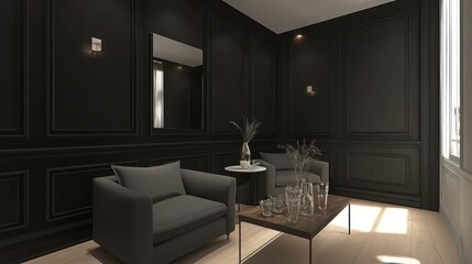 Dark room corner, two armchairs, coffee table, sunlight. Interior design mockup