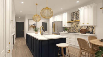 Modern kitchen design, island, hardwood floor
