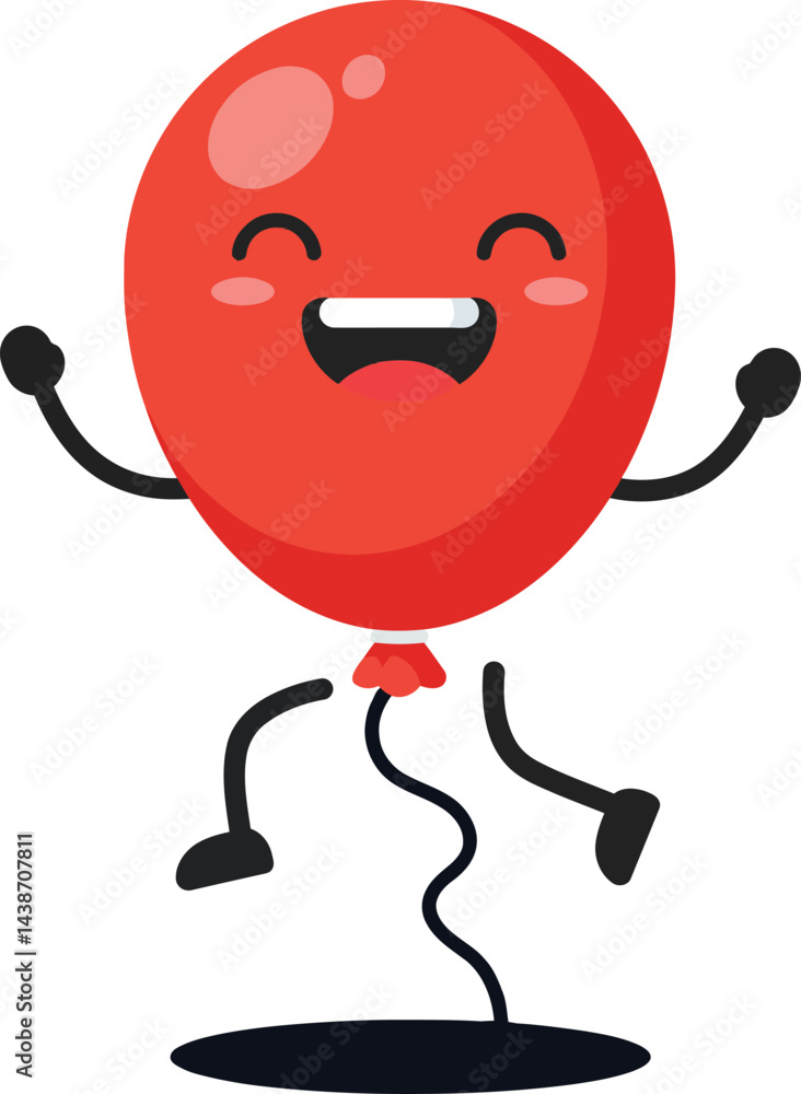 Poster red balloon with smiling face and arms jumping with shadow vector illustration cheerful and playful 