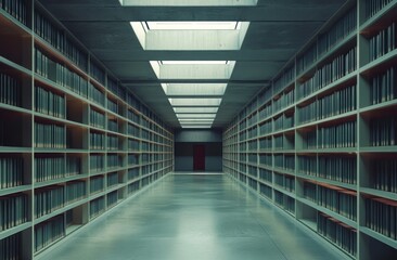 Vast, concrete library, lined with bookshelves