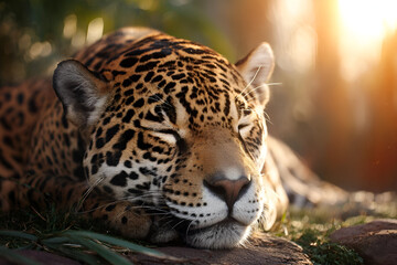 Obraz premium A jaguar lounging in a patch of sunlight, its eyes closed in relaxation, captured in HD with soft focus and warm hues