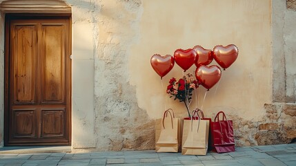 Heart-Shaped Balloons and Shopping Bags Near Beige Wall for ValentineÃ¢Â?Â?s Day