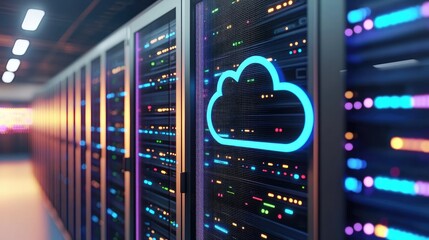 Modern server racks illuminated with colorful LED lights, featuring a glowing blue cloud icon, perfect for cloud computing, technology infrastructure, and digital innovation themes