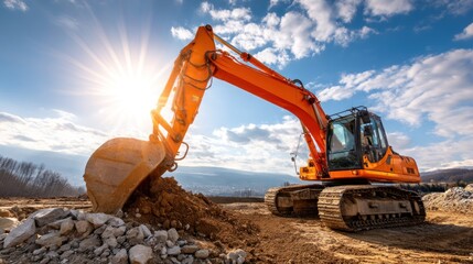 Construction vehicle working on a job site at sunrise