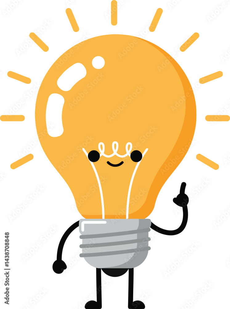 Poster light bulb character with smiling face and glowing filament bright idea concept vector illustration