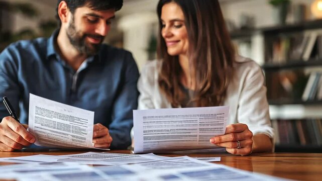 Collaborative couple reviewing documents at home with focused engagement