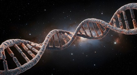 A detailed rendering of a dna strand against a backdrop of stars and galactic nebulous formations