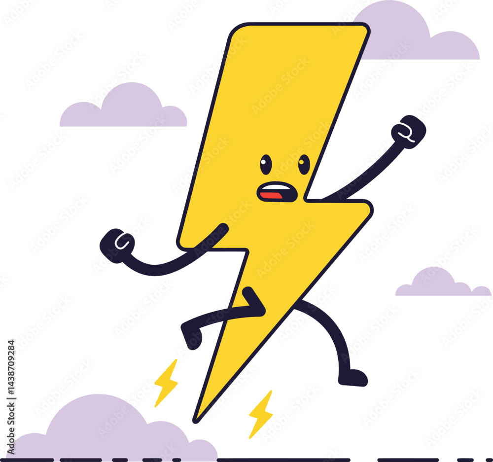 Poster animated yellow lightning bolt character running with clouds in background vector illustration