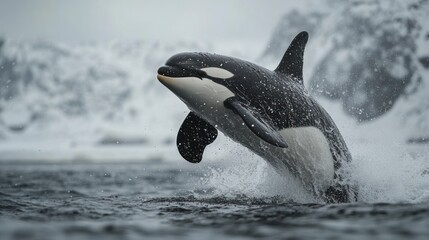 Fototapeta premium Killer whale jumping out of water with icy background.