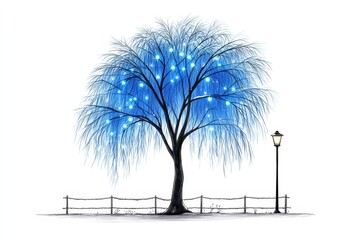Fototapeta premium Illuminated Willow Tree Sketch - A whimsical sketch of a willow tree adorned with blue fairy lights, symbolizing serenity, magic, hope, winter charm, and tranquility
