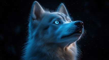 Obraz premium White dog with blue eyes looking up in a dark setting.
