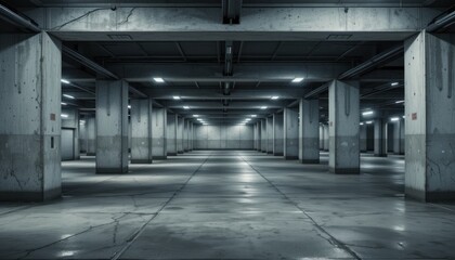 Eerily Empty: A Concrete and Steel Car Park Interior with a Minimalist Architectural Design and Dim Overhead Lighting