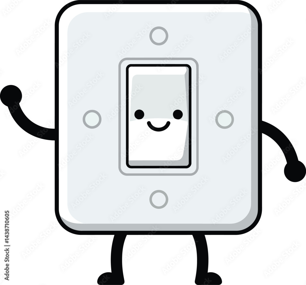 Poster light switch with smiling face waving arms and legs vector illustration in simple style