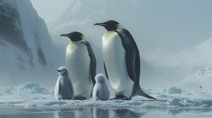 Fototapeta premium Two adult penguins and two chicks stand on ice near a snowy mountain.