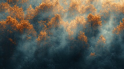 Obraz premium Misty autumn forest sunrise, aerial view. Nature background