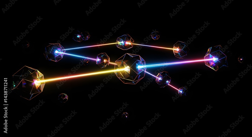 Poster abstract network of polygonal shapes connected by colorful light beams on a dark background