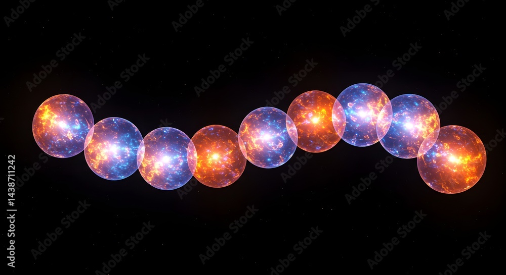 Poster a row of glowing spheres with orange and blue nebula patterns against a black background creating a 