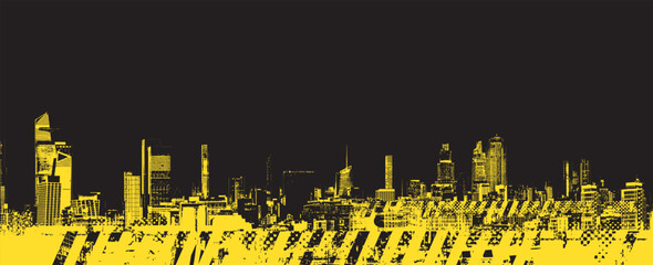 Abstract urban theme. Grunge street art against geometric urban architecture, silhouettes of big city skyscrapers. T-shirt design. No AI used.