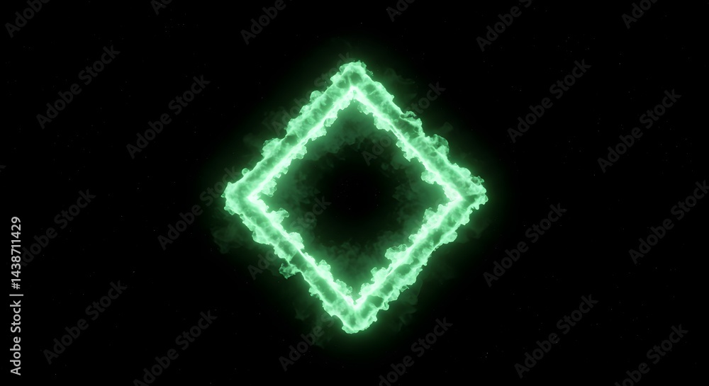 Poster a glowing green diamond shape with smoky edges on a black background in a digital rendering