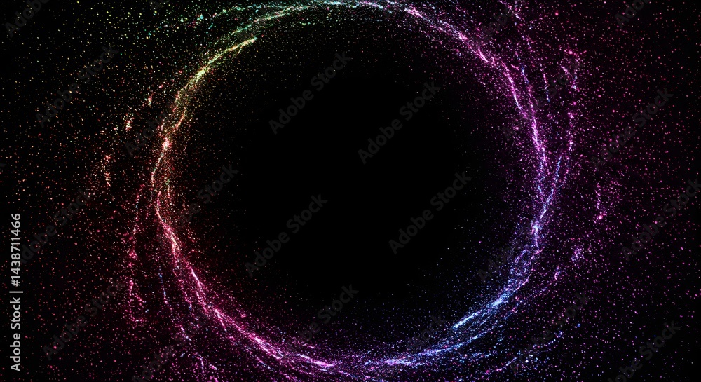 Poster a swirling vortex of colorful particles against a black background creating a circular shape design