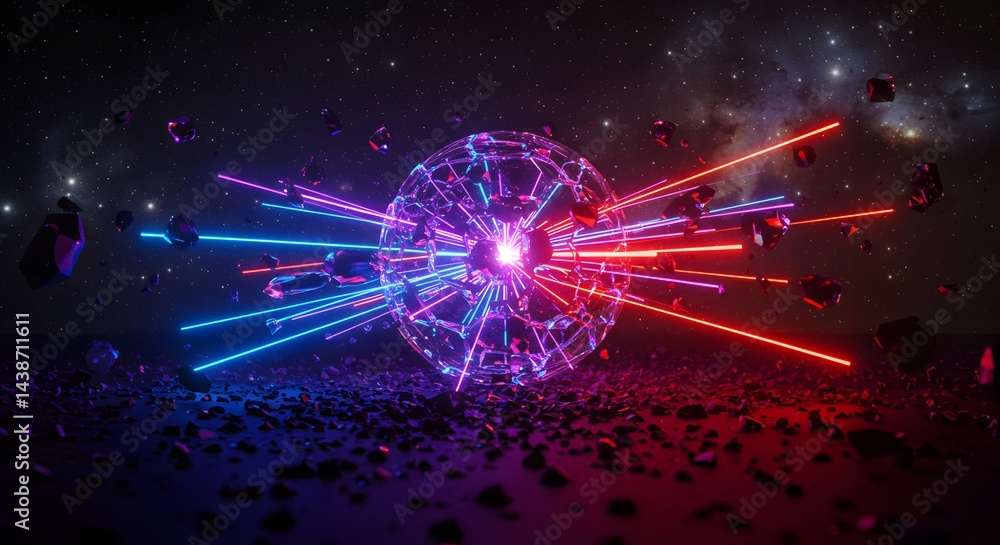 Aufkleber a glowing sphere with red and blue lasers in a dark space with asteroids and a starry background sce