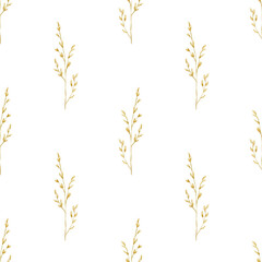 Seamless pattern with fragile stem of dry grass on white background. Watercolor background of dried flowers, wheat for textiles, scrapbooking, wrapping paper, cards.