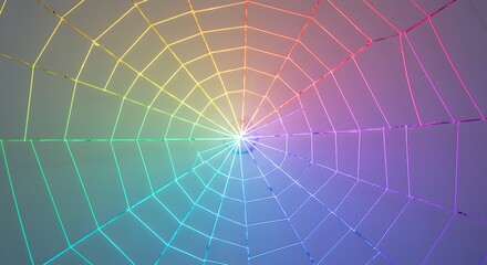 Obraz premium A vibrant spiderweb with rainbow colors radiating from the center against a neutral background