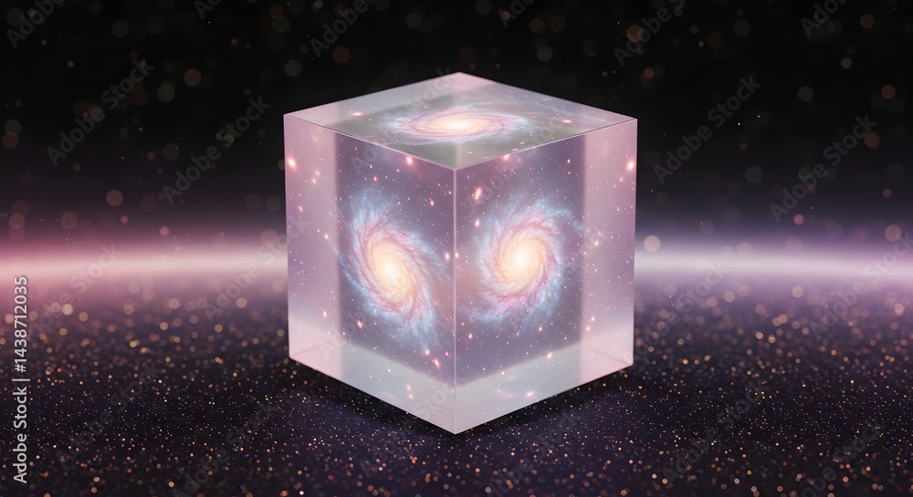Poster a transparent cube containing two galaxies floating on a starry surface with a pink horizon line