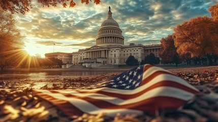 The US Capitol and the American Flag in Autumn, daylight. The Congress, Senator Residence, Stars and Stripes. 4th of July, National Holiday Border. Memorial Day, Capitol, US Congress
