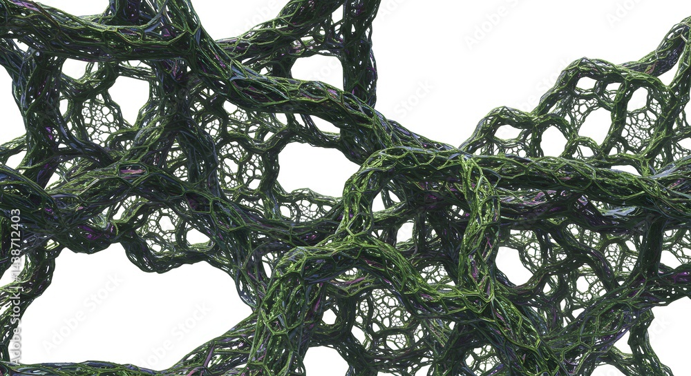 Poster close up view of an abstract green network structure against a white background in a fractal style