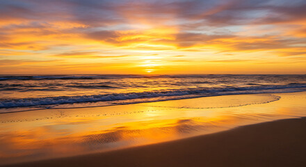 Beach Sunset Over Ocean Waves, Serene Nature Scene Ideal for Travel Advertising, Website Backgrounds, and Relaxation Themes