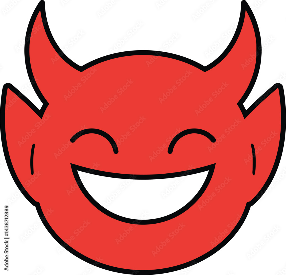 Poster devil face emoji smiling with horns and happy expression in red color vector illustration