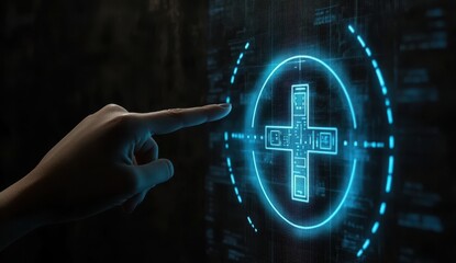 Hand interacting with a digital health interface.  A glowing plus sign graphic is central to the display, surrounded by technological elements