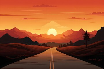Obraz premium Sunset Landscape Illustration Wallpaper, Sunset Scenery, Sunset Landscape Background, Sunset Landscape Painting, Sunset Background, Sunset Wall Art, Sunset Scene, Nature Landscape, Sunrise Wallpaper