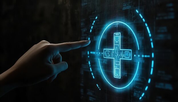Hand interacting with a digital health interface.  A glowing plus sign graphic is central to the display, surrounded by technological elements