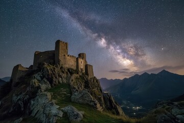 Fototapeta premium Battle-worn fortress on a mountain peak under a swirling starry sky with cosmic clouds above