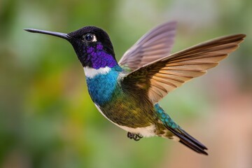 Fototapeta premium Vibrant hummingbird in flight with striking colors and sharp focus on the eye against a natural background