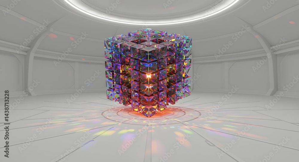 Aufkleber a complex cube made of smaller cubes in a white room with light reflections on the floor and walls