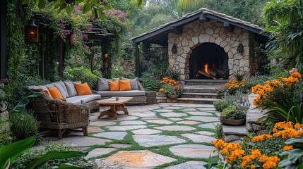 Obraz premium Serene Patio Garden Fireplace Design