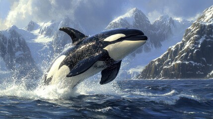 Fototapeta premium Orca leaps from ocean water with snowy mountains in background.