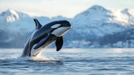 Fototapeta premium Orca leaps from ocean water with snowy mountains in background.