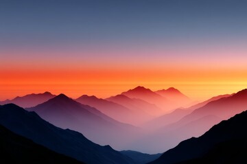 Obraz premium Misty Mountain Sunset Ombre - Serene landscape, ombre sunset, misty mountains, peaceful atmosphere, tranquil nature. Symbolizing peace, serenity, hope, freedom, and adventure