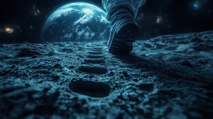 Footprints on a lunar surface with earth visible in the background.